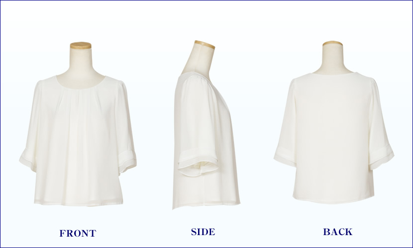 シフォン素材で透明感のある袖は7分丈でフリル調の可愛らしいデザイン。